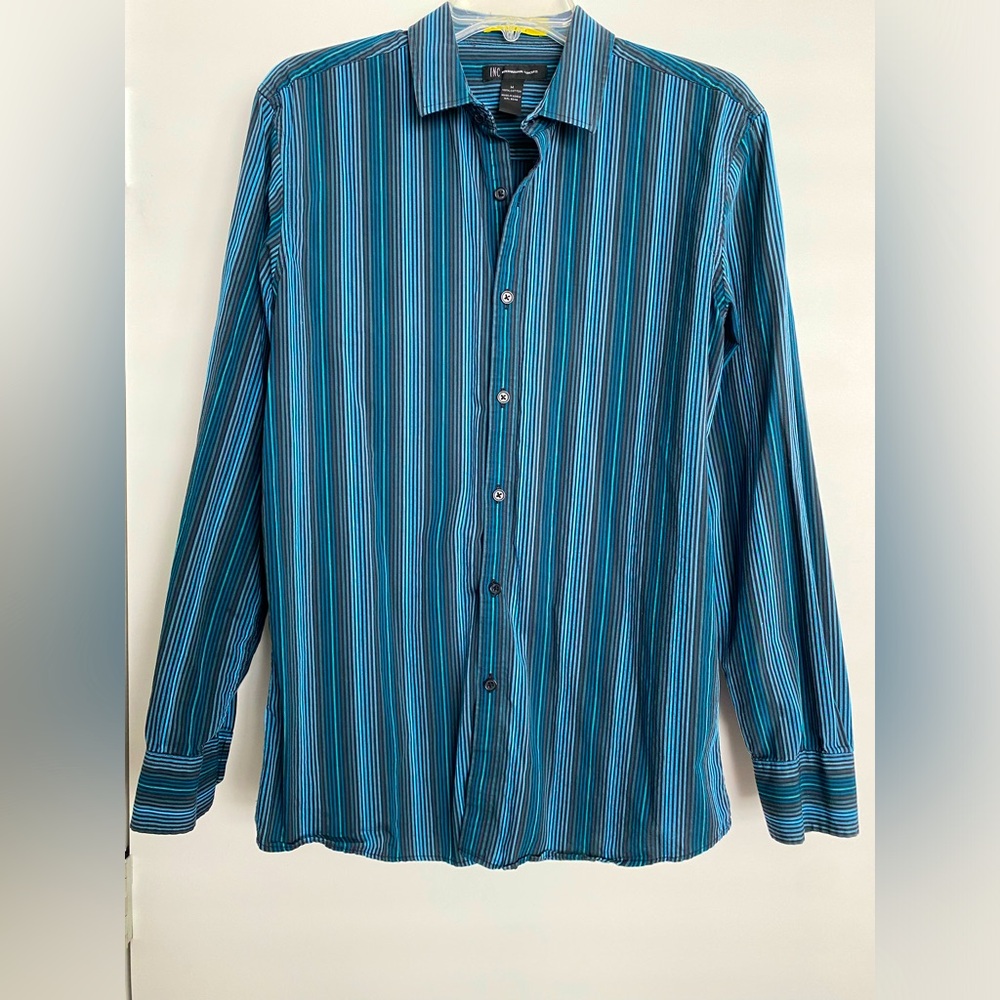 INC International Concepts Mens Black/Blue Stripe Button Up Shirt sz Medium